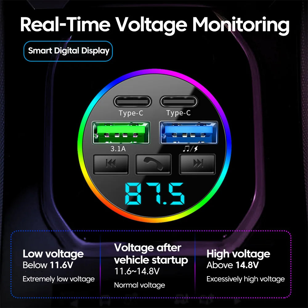 Chargeur Voiture Bluetooth MP3 — 2 USB + 2 PD | Affichage LED
