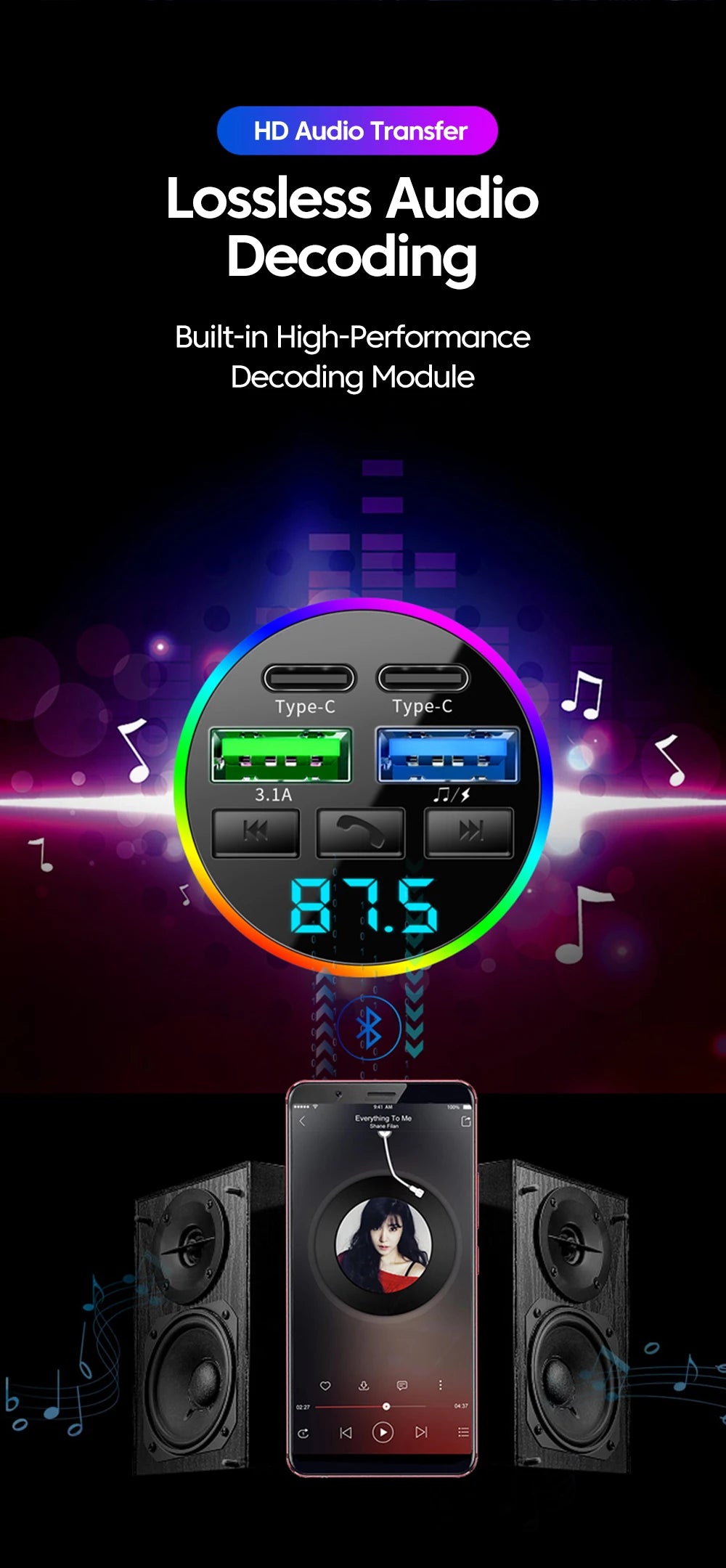 Chargeur Voiture Bluetooth MP3 — 2 USB + 2 PD | Affichage LED