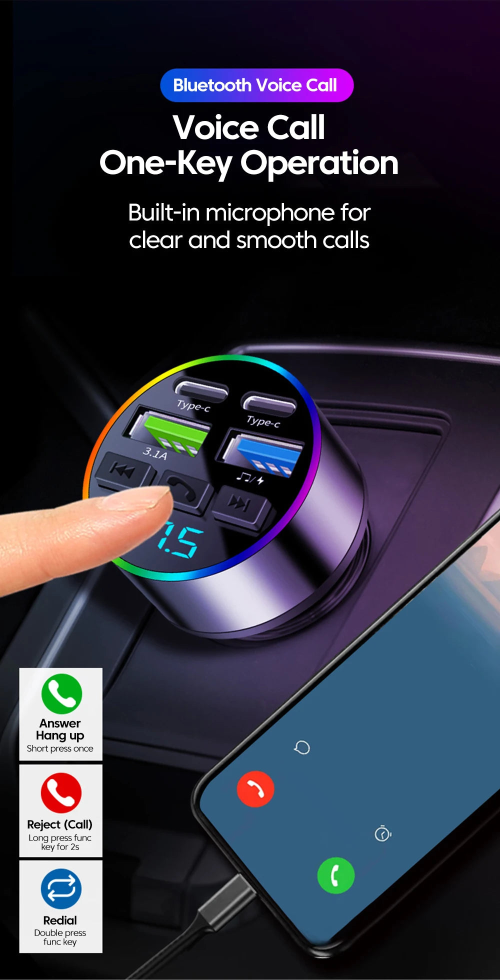 Chargeur Voiture Bluetooth MP3 — 2 USB + 2 PD | Affichage LED