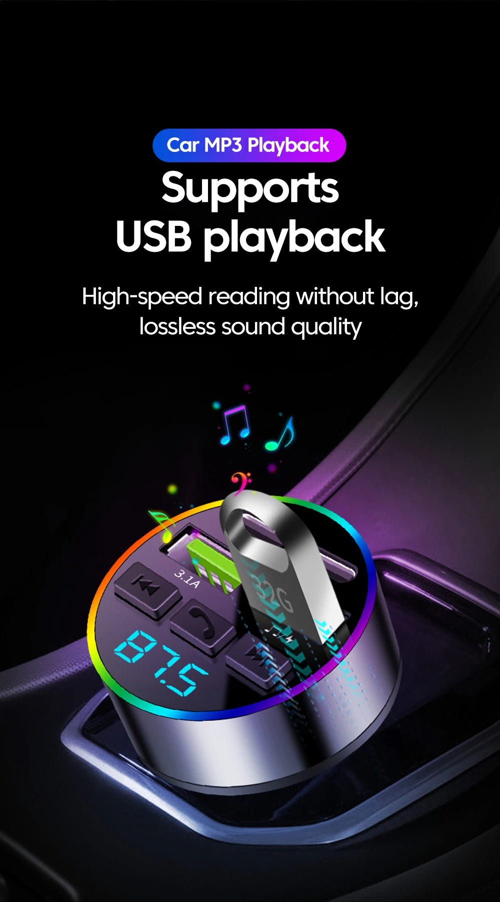 Chargeur Voiture Bluetooth MP3 — 2 USB + 2 PD | Affichage LED