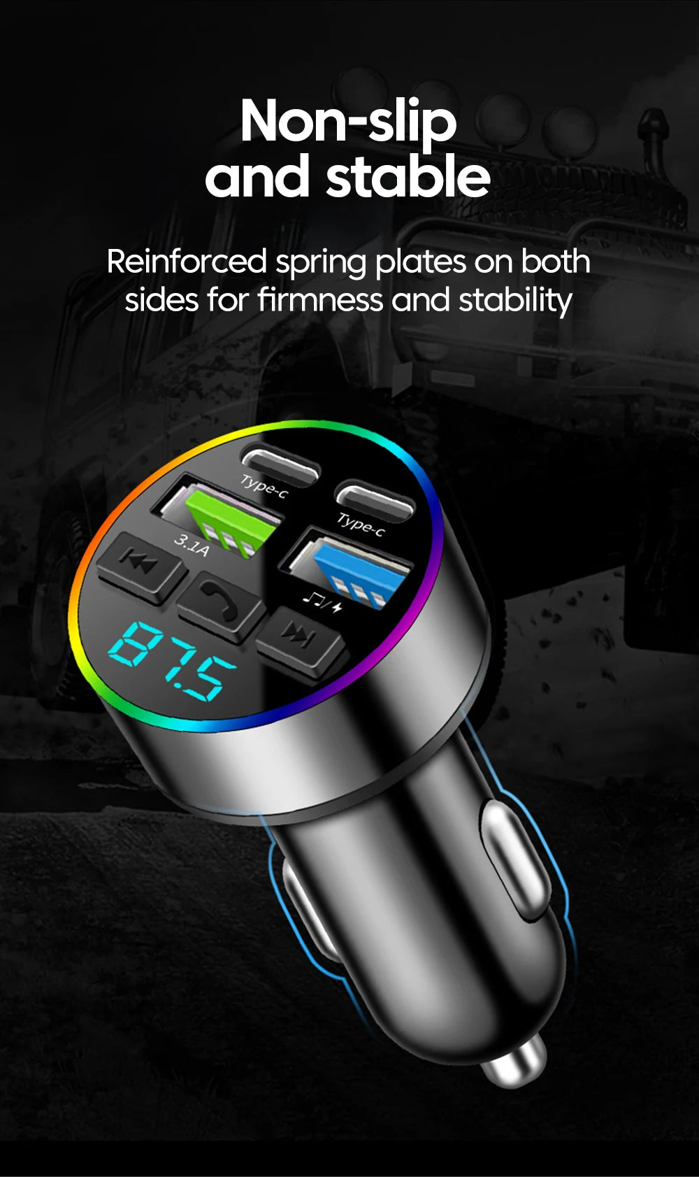 Chargeur Voiture Bluetooth MP3 — 2 USB + 2 PD | Affichage LED