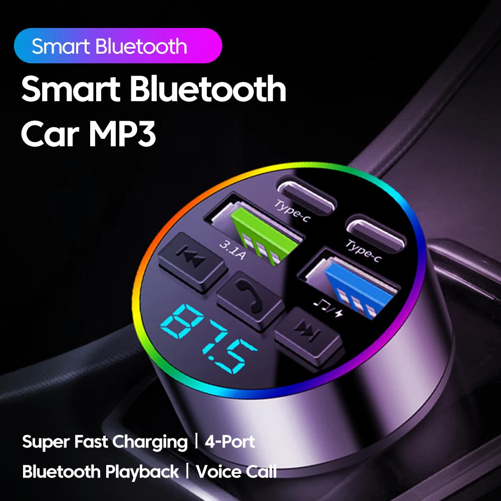 Chargeur Voiture Bluetooth MP3 — 2 USB + 2 PD | Affichage LED