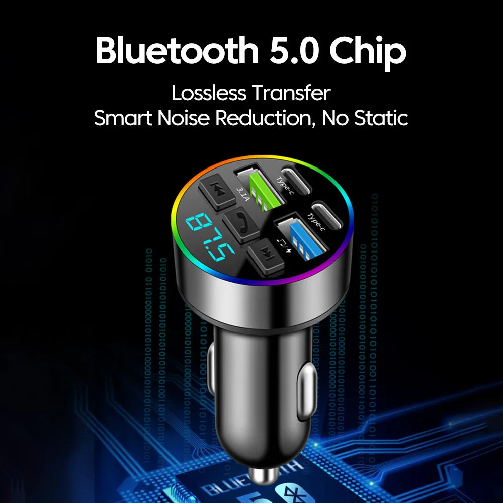 Chargeur Voiture Bluetooth MP3 — 2 USB + 2 PD | Affichage LED