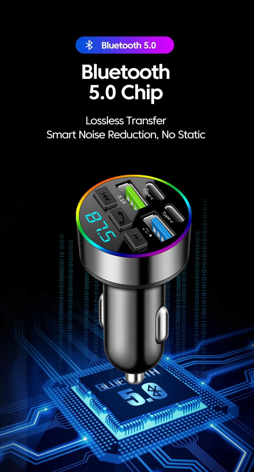 Chargeur Voiture Bluetooth MP3 — 2 USB + 2 PD | Affichage LED