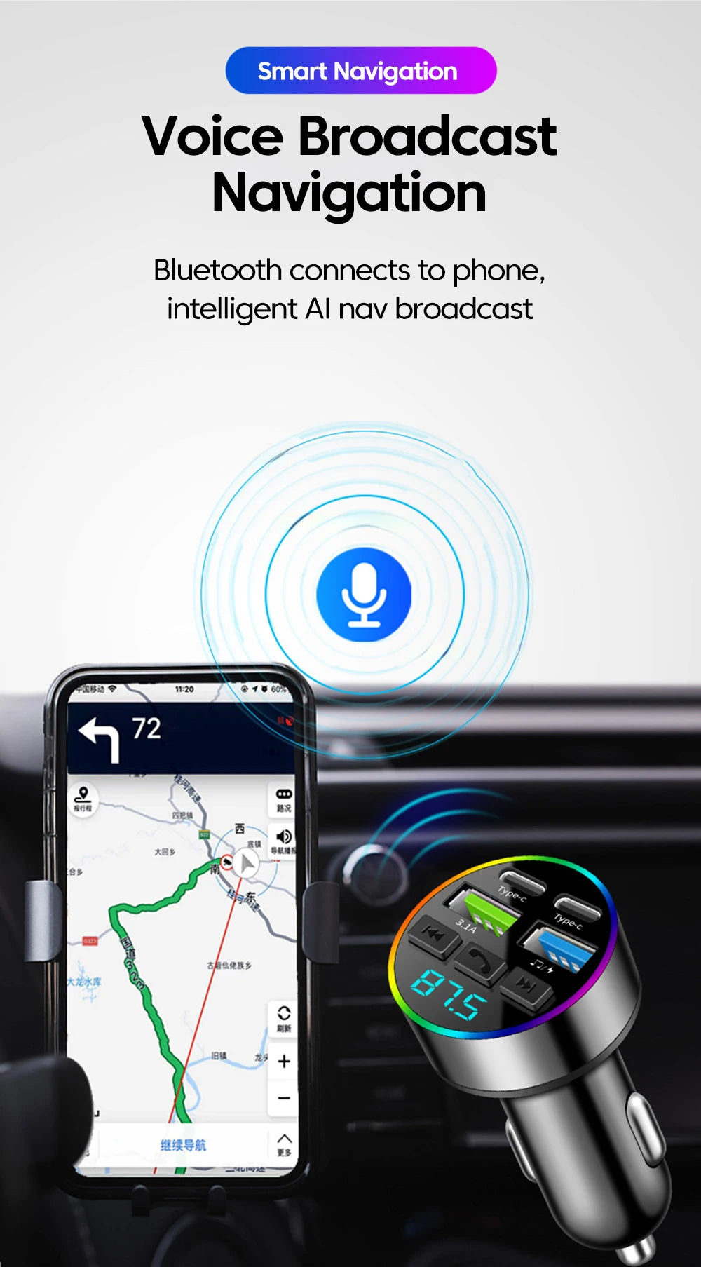 Chargeur Voiture Bluetooth MP3 — 2 USB + 2 PD | Affichage LED