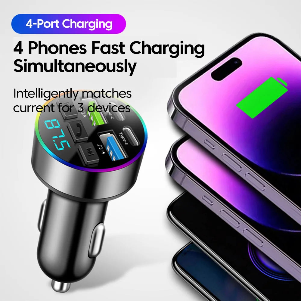 Chargeur Voiture Bluetooth MP3 — 2 USB + 2 PD | Affichage LED