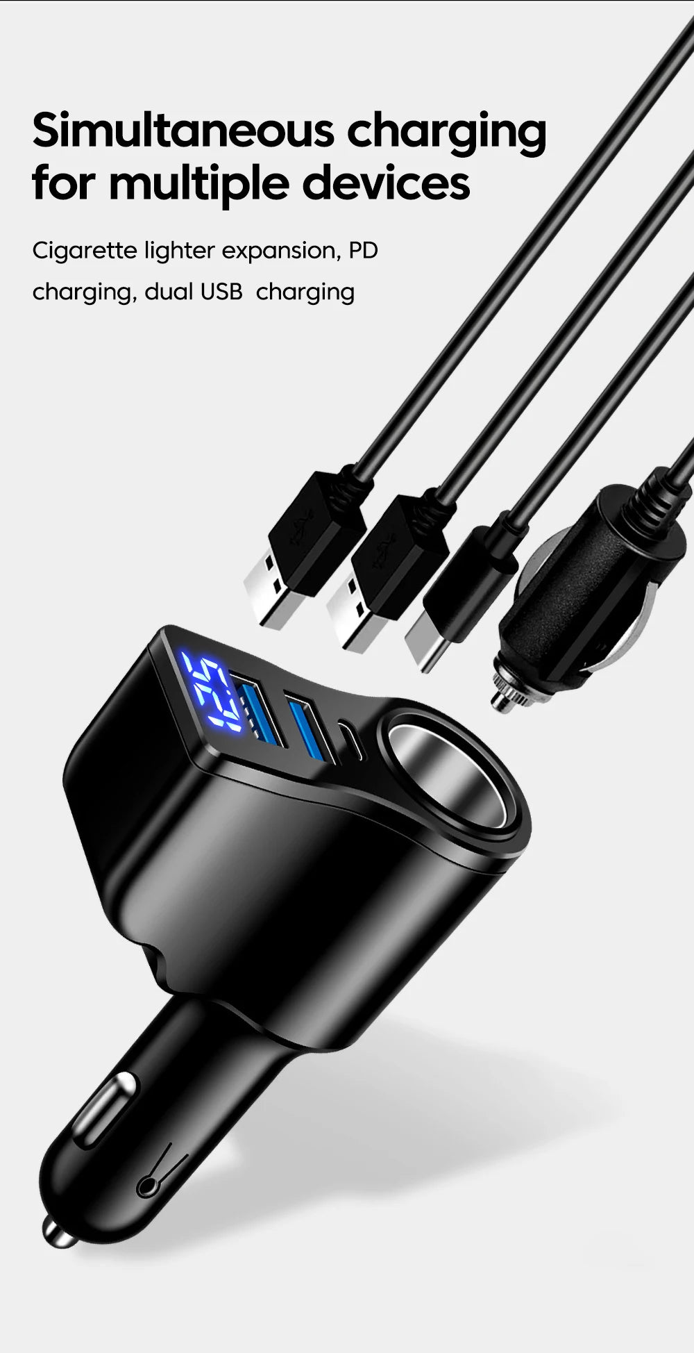 Adaptateur Allume-Cigare 66W – 4 Ports avec Affichage Digital