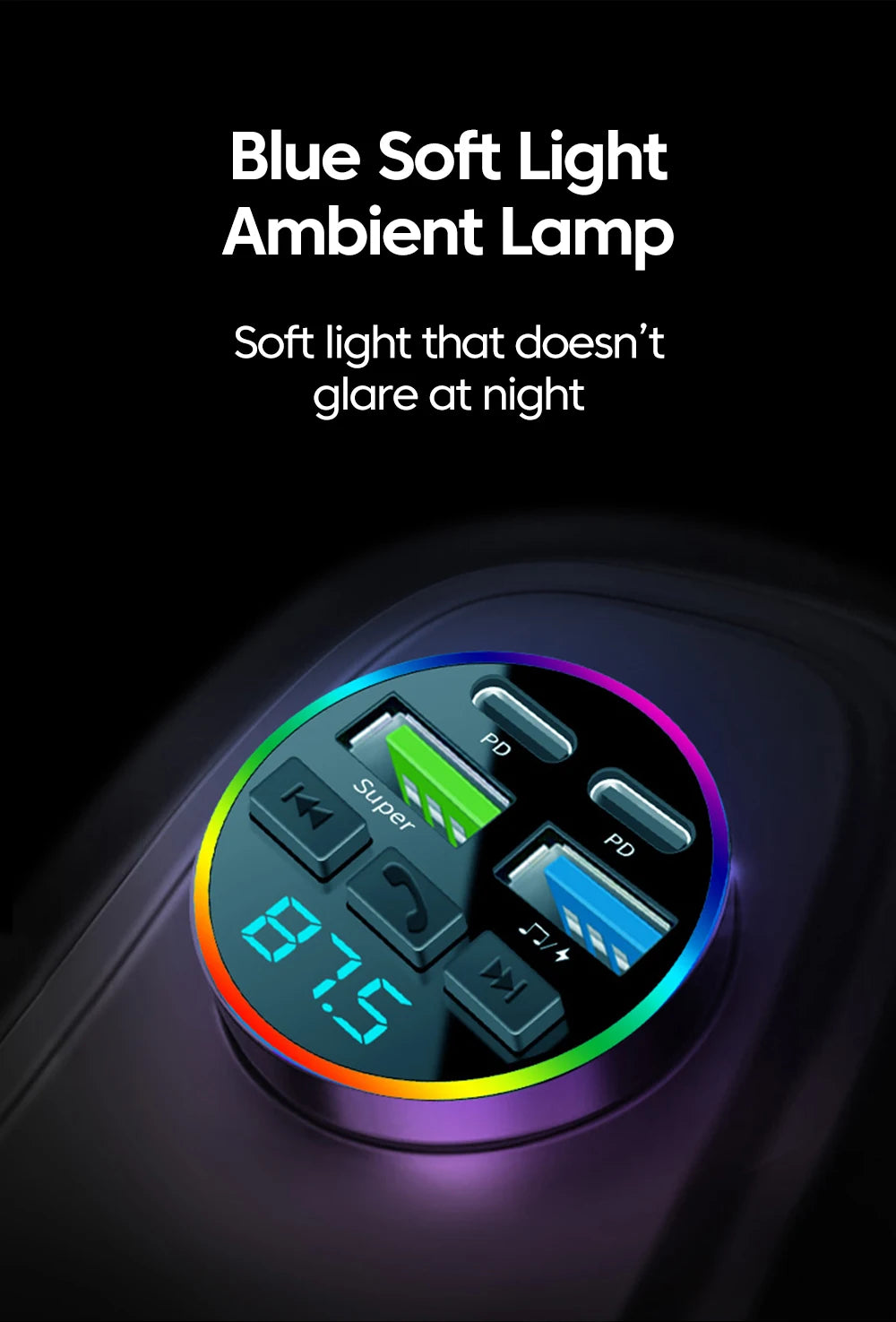 Chargeur Voiture Bluetooth MP3 — 2 USB + 2 PD | Affichage LED