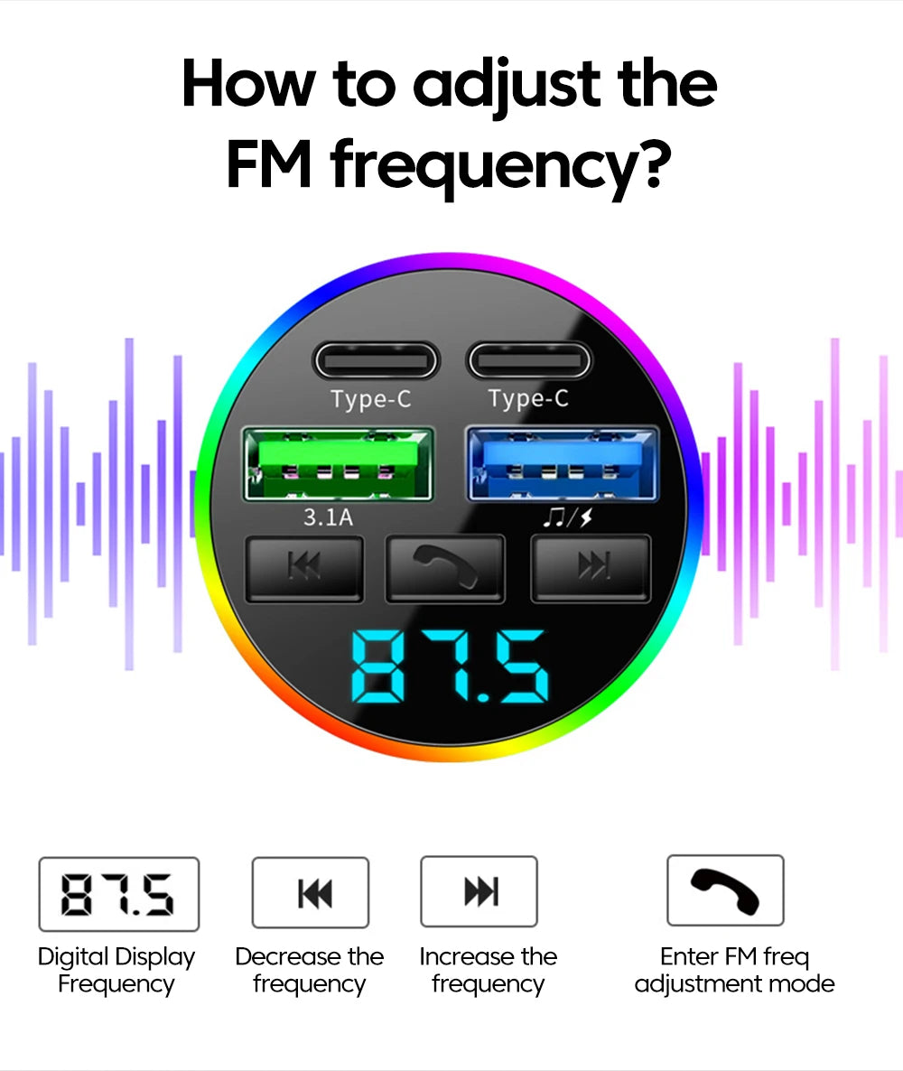 Chargeur Voiture Bluetooth MP3 — 2 USB + 2 PD | Affichage LED