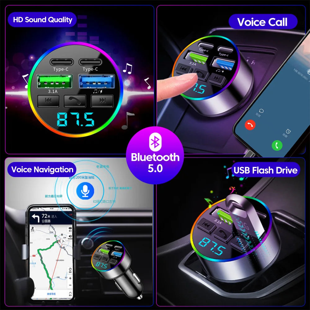 Chargeur Voiture Bluetooth MP3 — 2 USB + 2 PD | Affichage LED
