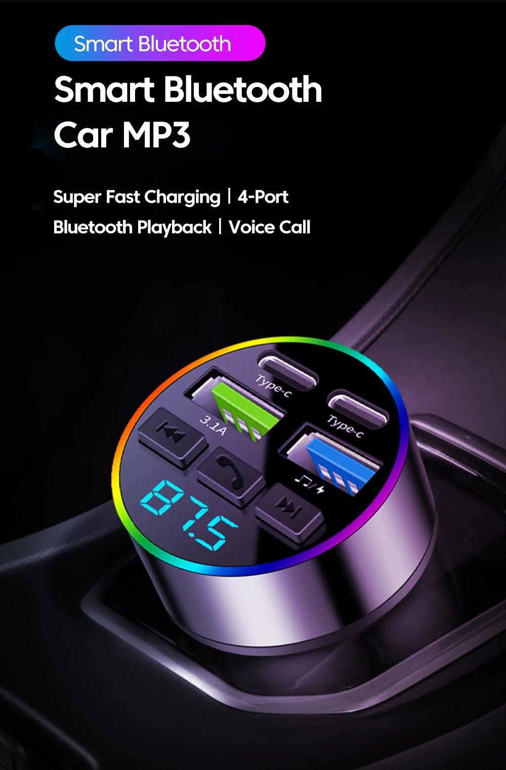 Chargeur Voiture Bluetooth MP3 — 2 USB + 2 PD | Affichage LED