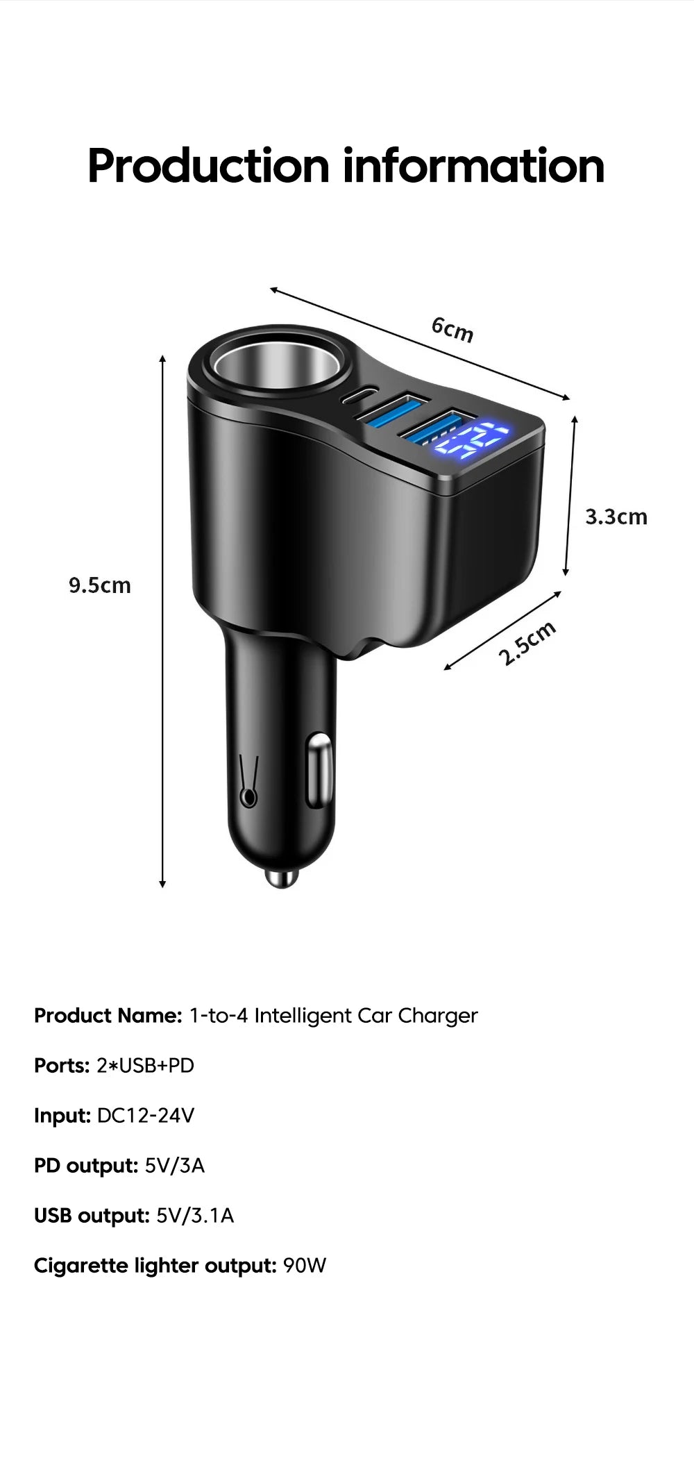 Adaptateur Allume-Cigare 66W – 4 Ports avec Affichage Digital