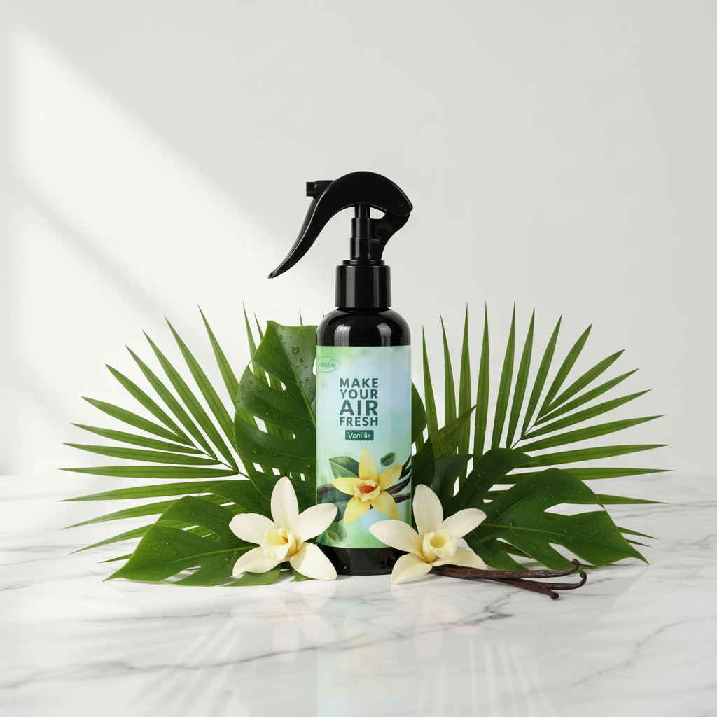 Spray désodorisant vanille sur fond lifestyle marbre et feuilles